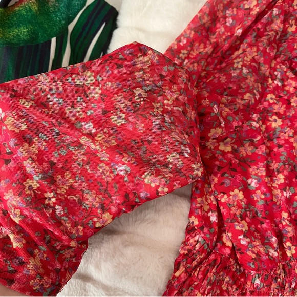 Lane Bryant 14/16 Red Floral Semi-Sheer Cinched Waist Spring Summer V Neck Top - Picture 7 of 9